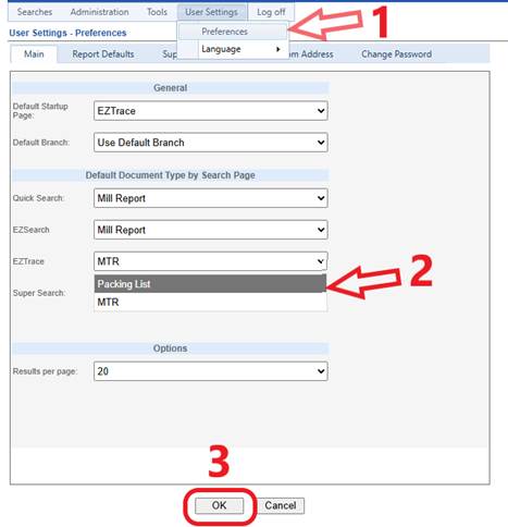 A screenshot of a MetalTrace software preferences window shows steps: 1. Click Preferences under User Settings. 2. Select Packing Lists for Super Search. 3. Click OK at the bottom to save changes.