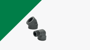 Two dark gray, threaded pipe elbow fittings are placed on a white background with a green triangular section in the upper left corner.